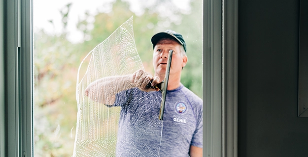 View from inside a building of a man cleaning the outside of a window.