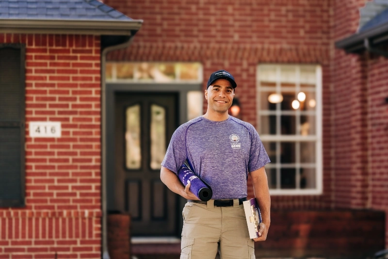 Window Genie tech standing outside a customer's ready to provide window cleaning services