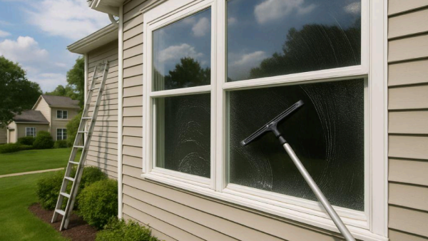 A squeegee is being used to clean an exterior window of a beige house.