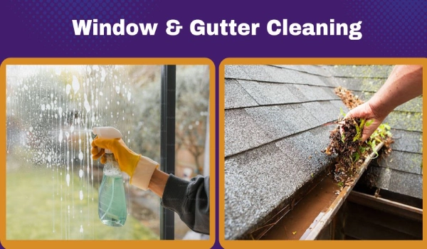 A close-up of a person cleaning a window while another is clearing leaves from a gutter on a residential building.