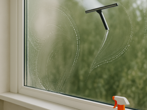 A window scene showing a spray bottle and window cleaner.